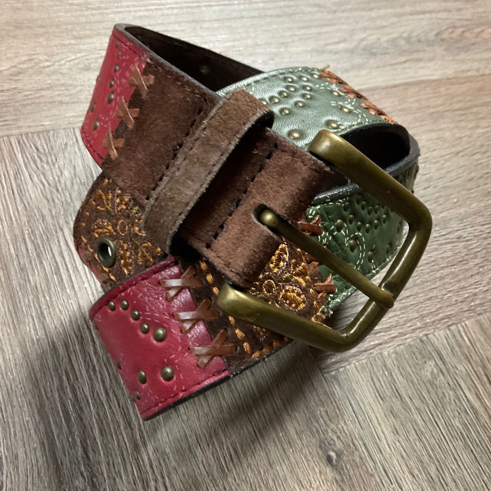 Vintage Fossil Patchwork Leather Suede Studded Boho Belt Womens Small Tan Red